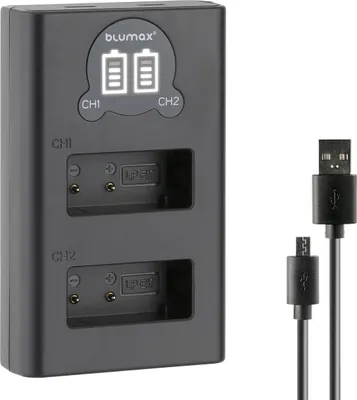 Produktbild von Blumax Dual LCD Ladegerät | für  Canon LP-E17 Laden über USB-C oder Micro-USB