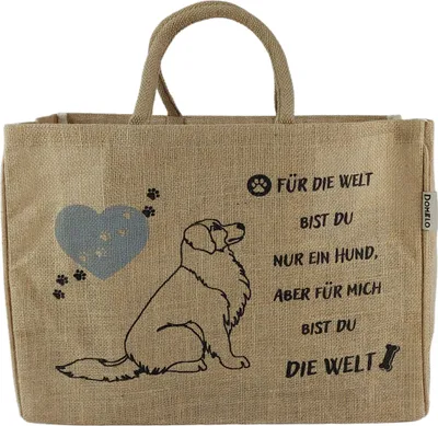 A jute shopping bag with a dog illustration and text.