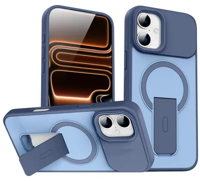 Produktbild von Magnet Ständer Hülle für iPhone 16, Kompatibel mit MagSafe, Matt Rückseite Stoßfeste Handyhülle Blau