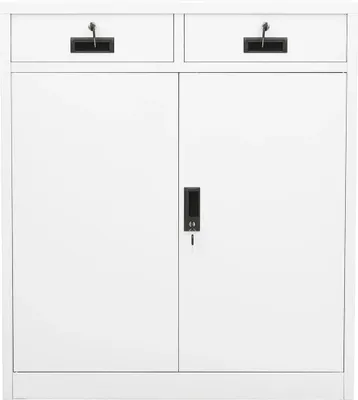 A white metal filing cabinet with two drawers on top and two doors below.
