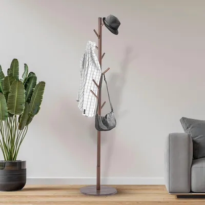 Produktbild von Omgoods – Kleiderständer aus Holz – Stehender Kleiderständer mit 8 Haken, verstellbare Höhe 175 cm, Schwarz