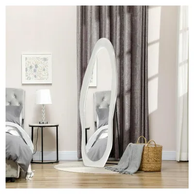 Produktbild von Ganzkörperspiegel, 160 x 50 cm unregelmäßiger gewellter Standspiegel mit samtartigem Rahmenbezug, Wandspiegel für Wohnzimmer, Schlafzimmer, Garderobe, Flur, Weiß