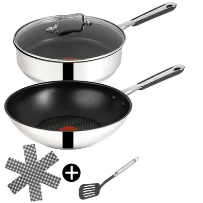 Produktbild von Tefal Pfannen-Set Jamie Oliver E30 Wokpfanne 30cm + Schmorpfanne 24cm mit Deckel, Set8, Edelstahl 18/10 (Pfanne, Bratpfannen Set, Pfannenset, Wok)