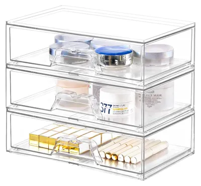 Produktbild von 3-teiliges Set Schubladenorganizer, stapelbare transparente Acryl-Schubladenboxen für Kosmetik- und Badezimmeraufbewahrung (3 Stück, breit)