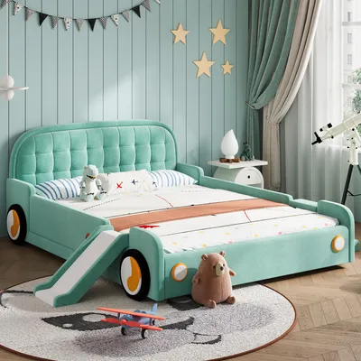 Produktbild von Flieks Kinderbett 140x200cm mit Rutsche und Treppe, Polsterbett mit Rausfallschutz und Lattenrost, Kinder Doppelbett Autobett Samt, Grün