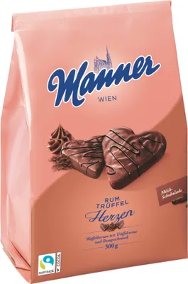 Immagine prodotto di Cuori di tartufo al rum Manner Cuori di wafer con crema di tartufo al rum 300g