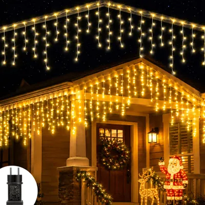 Produktbild von Eisregen Lichterkette Warmweiß 10M Eiszapfen Led Lichterketten 8 Modi Timer und Speicherfunktionen Fenster Dachrinne Balkon Garten Weihnachten Deko