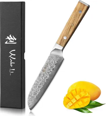 Produktbild von Wakoli Oribu kleines Santoku Messer – 12 cm Damastklinge – Küchenmesser mit ergonomischem Olivenholzgriff