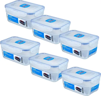A set of six clear plastic food storage containers with blue lids, arranged in two rows on a white background.