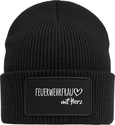 Produktbild von Huuraa Beanie Feuerwehrfrau mit Herz Black doppellagige Polyacryl Mütze mit Patch Geschenkidee