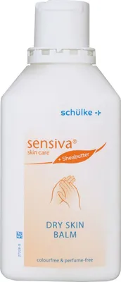 A white bottle of sensiva dry skin balm with orange and blue labeling.
