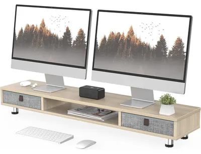 Zdjęcie produktu dla Podstawka pod monitor z szufladami - Dwie szuflady - Regulowana wysokość 152-167 mm - Dąb - 108 x 23,5 x 15,2-16,7 cm - Do monitora, telewizora lub laptopa