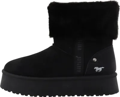 Das Bild zeigt einen schwarzen Stiefel aus Leder mit einer hohen Sohle. Der Stiefel ist von der Seite zu sehen und hebt sich durch seine schlichte Eleganz hervor.
