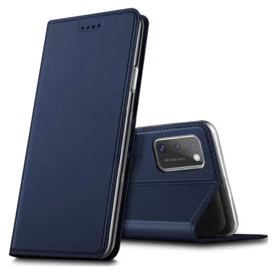 A dark blue flip case for a smartphone is shown, with the phone's camera visible.