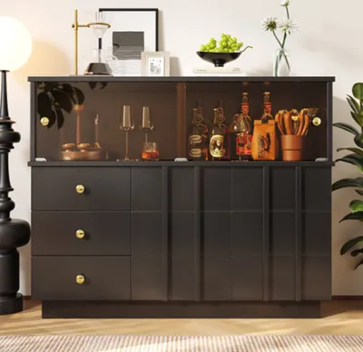 Produktbild von Küchenschrank, Sideboard mit Glastüren, Aufbewahrungsschrank, Buffetschrank für Küche, Esszimmer und Wohnzimmer, Schwarzer Schrank