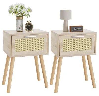 Nachttisch-Set 2er-Set, Rotan-Schublade, Massivholzbeine, 35x27x53 cm, Natur