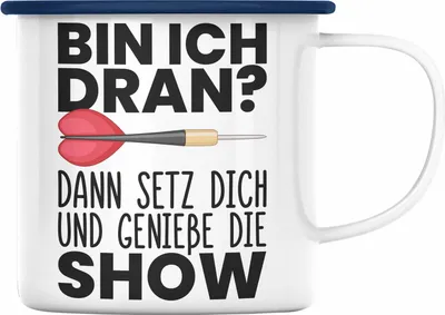 Produktbild von Trendation - Dart Geschenk Emaille Tasse Emaille Emaille Tasse Dartspieler Geschenkidee Darts Geschenke für Männer Frauen (Blau)
