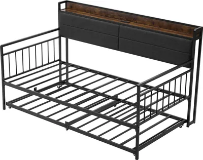 Image de Cadre de lit de jour VEVOR taille twin, canapé-lit de jour avec lit gigogne, cadre de lit plateforme avec station de recharge et sommier à lattes métalliques pour salon, chambre à coucher, chambre d'amis, noir