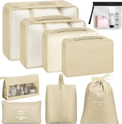 Immagine prodotto di Organizer da viaggio, set da viaggio composto da 9 pezzi, valigia impermeabile, accessori da viaggio, con sacchetti trasparenti, accessori per valigie, color crema