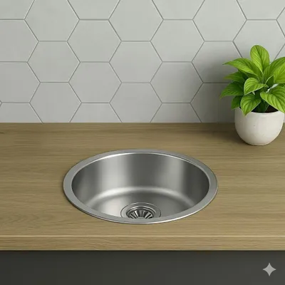 Produktbild von Einbau Edelstahlspüle Ø42 cm – Rundbecken mit Siphon-Set