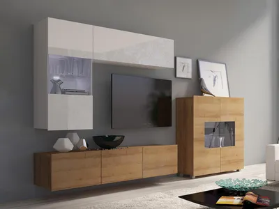 Produktbild von Wohnzimmer-Set CALABRINI-3 Wohnwand Hängewohnwand Schrankwand mit LED-Beleuchtung TV-Schrank Vitrine Kommode Anbauwand Hochglanz (Weiß / Eiche Gold)