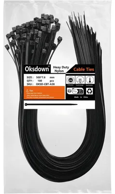 Obrázek produktu pro Stahovací pásky, 500 mm x 7,6 mm, černé, UV odolné, 100 kusů, pevnost v tahu 50 kg, nylon