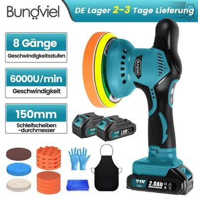 Produktbild von Akku Poliermaschine Auto 150mm Exzenter mit 2×21V 2000mAh Batterien, 8 Geschwindigkeiten bis 6000RPM, Kabellose Auto poliermaschinen