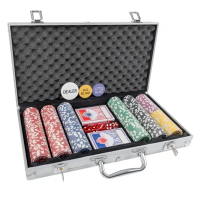 Produktbild von Poker Set Premium 300 Chips mit Metallkern (11,5g) – 6 Wertstufen, Aluminium Koffer, 2 Kartendecks, Blind Chips & Zubehör
