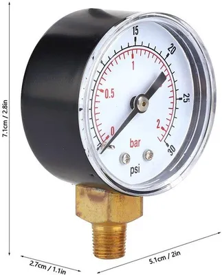 Immagine prodotto di Manometro da 50 mm - Riempito con liquido - Corpo in alluminio - Attacco 1/8" BSPT - Adatto per aria, acqua, olio e gas - Alta precisione