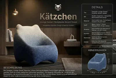 Produktbild von Designer Lounge Sessel Kätzchen Schleife Blau Weiß Skulptural Modern