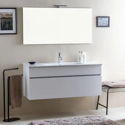 Immagine prodotto di Mobile bagno moderno bianco legno con lavabo da 120 cm e specchio | Sole