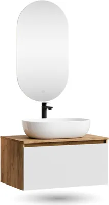 Produktbild von Planetmöbel ARISA Badmöbel Set in Weiß - Mit LED Spiegel und weißem Keramik-Aufsatzwaschbecken 60 cm