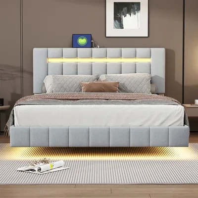 Produktbild von Polsterbett mit LED-Leuchten und Kopfteildesign Doppelbett-Gästebett Hautfreundlichem Leinen 160 x 200 cm Grau