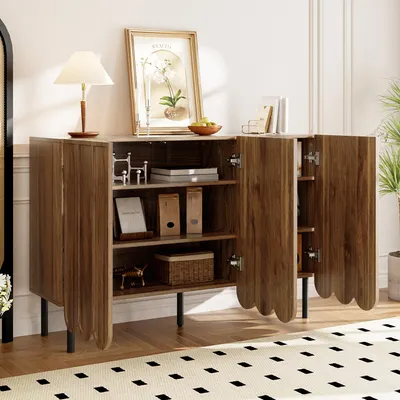 Produktbild von MODFU odernes Sideboard grifflos Beistellschrank mit Wellentüren und verstellbare Regale,Buffetschrank mit Stauraum für Wohnzimmer,Flur&Esszimmer,Walnussfarbe