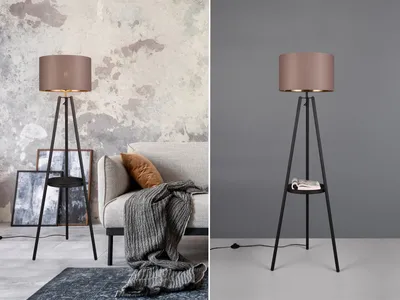 Produktbild von Dreibein LED Stehlampe Lampenschirm Stoff Golden für Wohnzimmer Ecke hinter Sofa