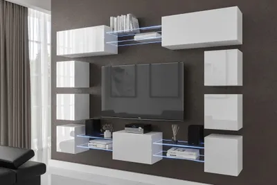 Produktbild von Furnitech Wohnwand Wohnzimmer - Wohnzimmer Möbel mit LED RGB - 16 Farben - Hängend Wohnwand Modern - Regale und TV Schrank (Future C80N-21W-HG1)