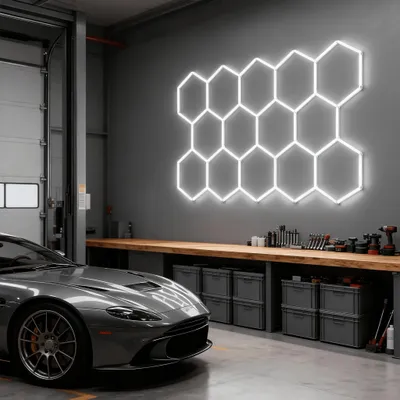 Produktbild von XMTECH LED Hexagon Deckenleuchte – Modulares Design, 14 Panels, 6500K Weiß, Verbindbar für Garage, Werkstatt, Fitnessraum & Auto-Salon