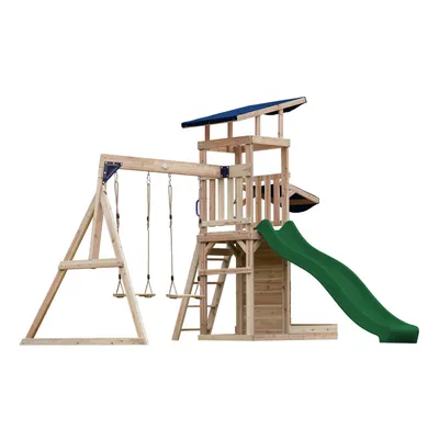 Image de AXI Malik Tour de jeux en bois avec 2 balançoires | Maison de jeux XXL / Aire de jeux pour enfants avec bac à sable, mur de jeux & toboggan en vert | Structure de balançoire pour