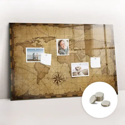 Obrázok produktu pre Magnetická tabuľa na stenu - Memo Tabuľa Sklenená - vrátane 5 magnetov - 90x60 cm - Historická mapa sveta