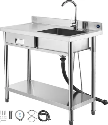Zdjęcie produktu dla Zlewozmywak ze stali nierdzewnej SucceBuy (100 x 50 x 94 cm), pojedyncza komora z kranem i szufladą, zlewozmywak kuchenny do garażu, restauracji lub pralni, zlewozmywak zewnętrzny z blatem po lewej stronie