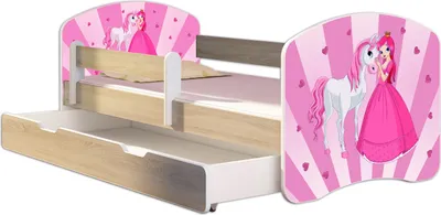 A child's bed with a princess and unicorn theme, featuring a pull-out drawer.