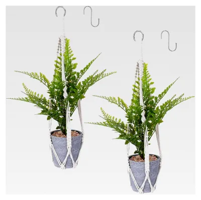 Produktbild von 2er Set Makramee Blumenampel, Baumwollseil Hängeampel für Pflanzen mit 2 Metallhaken, Boho Blumenampel für Innen und Außen, Decken- und Wanddekoration (50 cm)