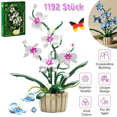 Image de Blocs de construction en forme de fleurs, ensemble de construction pour orchidées, multicolore, 1192 pièces.