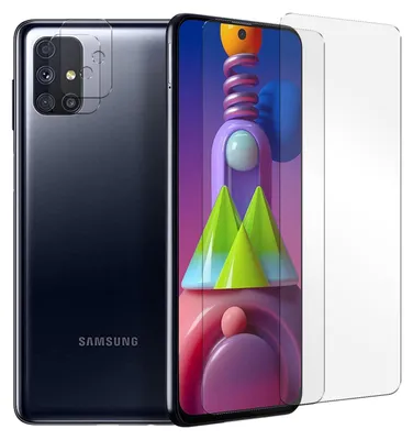 A dark colored Samsung phone with a screen protector and camera lens protectors shown next to the phone.