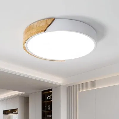 Productafbeelding van Ronde houten plafondlamp, 24W, binnenverlichting, 6000K (koel wit), modern, Ø30*5CM, geschikt voor badkamer, slaapkamer, keuken, woonkamer, eetkamer, kantoor (wit), LED