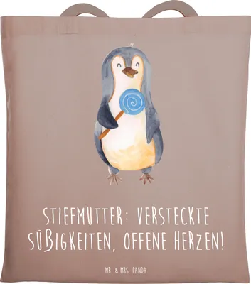 Produktbild von Mr. & Mrs. Panda Jutebeutel Stiefmutter Herzen - Braun Pastell - Geschenk, Einkaufstüte, Humor, Schultasche, Shopping Tasche, Uni, Stiefkind, einzigartige Designs, Herz