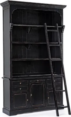 Produktbild von Casa Padrino Landhausstil Schrank mit Leiter Antik Schwarz 143,5 x 40,6 x H. 233,7 cm - Bücherschrank - Regalschrank - Wohnzimmerschrank - Büroschrank - Landhausstil Möbel