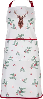 Produktbild von Clayre & Eef Küchenschürze 70x85 cm Weiß Rot Baumwolle Hirsch und Stechpalmenblätter