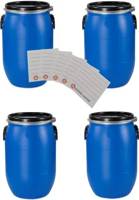Produktbild von kanister-vertrieb® 4 x 60 L Weithalsfass mit Spannverschluss | Lebensmittelecht | Futtertonne | Maischefass Lagerfass | inkl. Etikett (4x60 D)