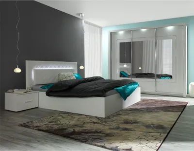 Produktbild von Schlafzimmer Set 4-teilig in weiß Hochglanz PALINURO-166 mit 160cm Bett und 208cm Kleiderschrank